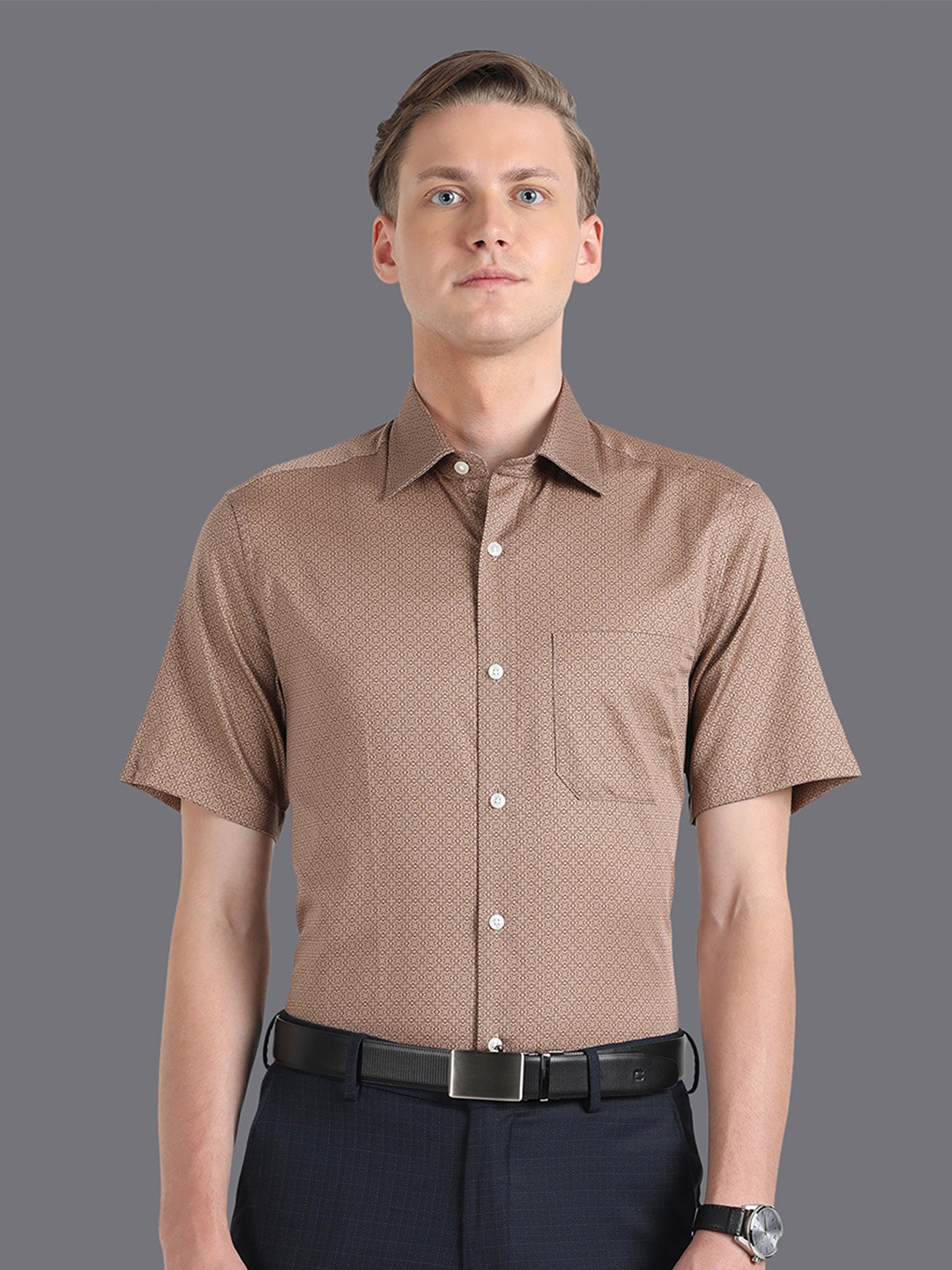 

Louis Philippe Slim Fit Micro Ditsy Printed Pure Cotton Formal Shirt, Brown