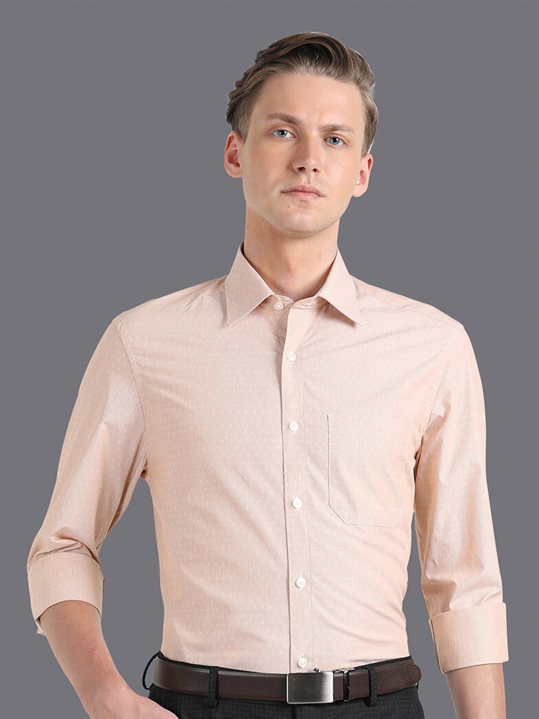 

Louis Philippe Slim Fit Micro Ditsy Printed Pure Cotton Formal Shirt, Beige