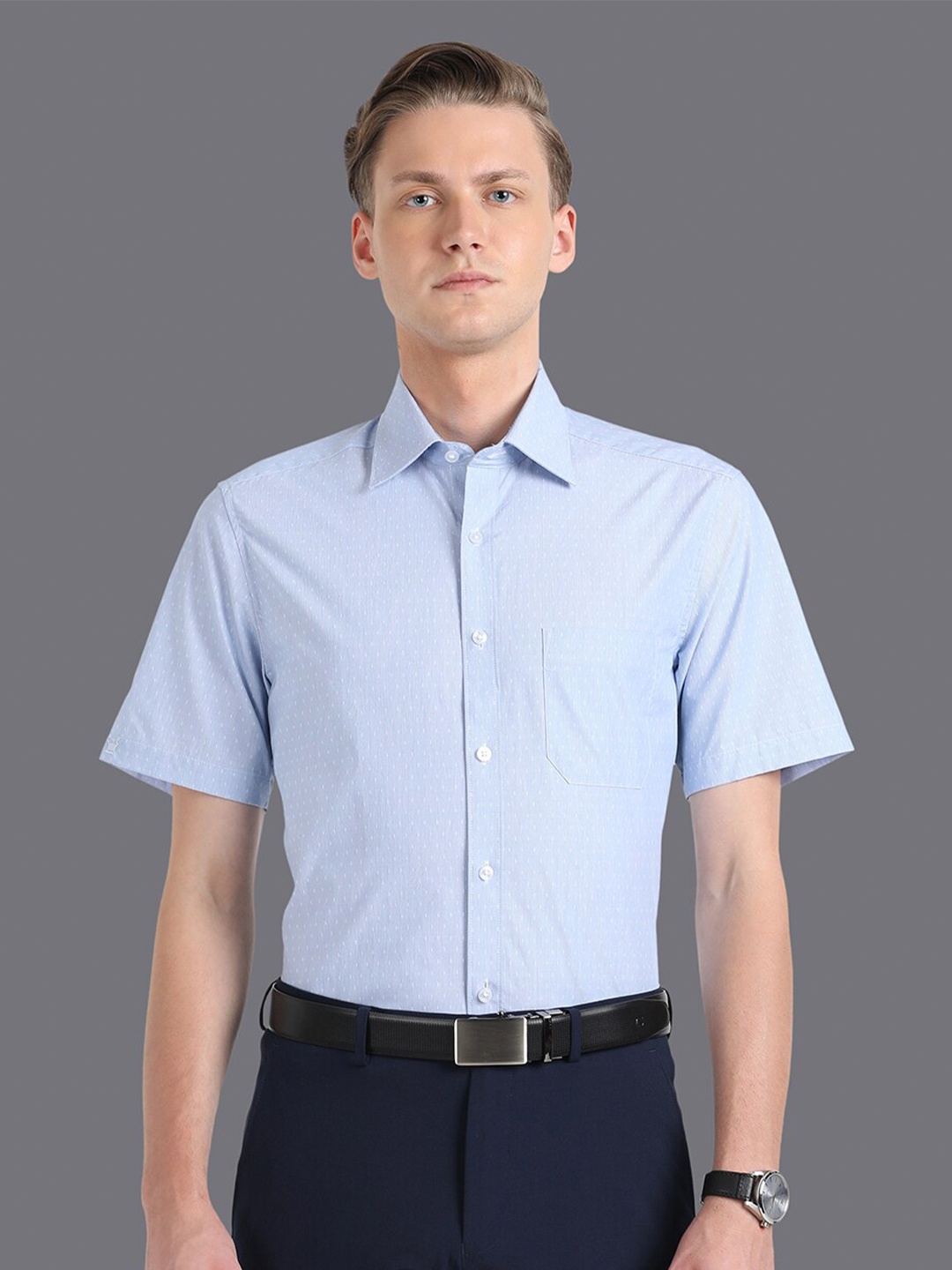 

Louis Philippe Men Slim Fit Micro Ditsy Printed Formal Pure Cotton Shirt, Blue