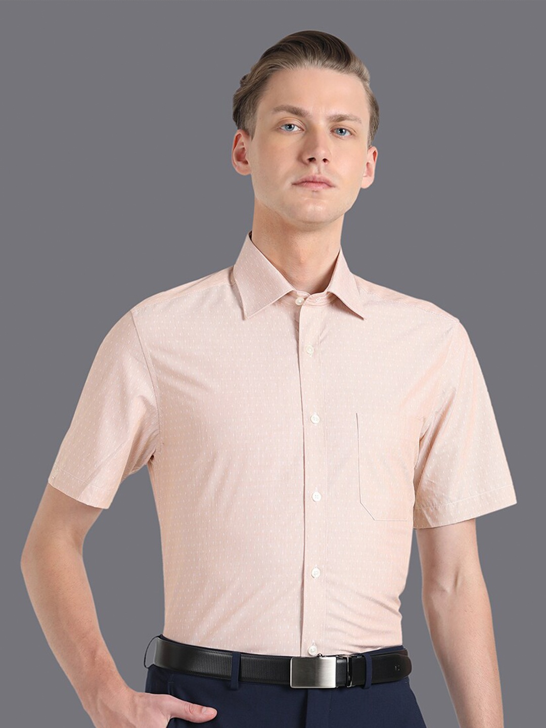 

Louis Philippe Slim Fit Self Design Pure Cotton Formal Shirt, Beige