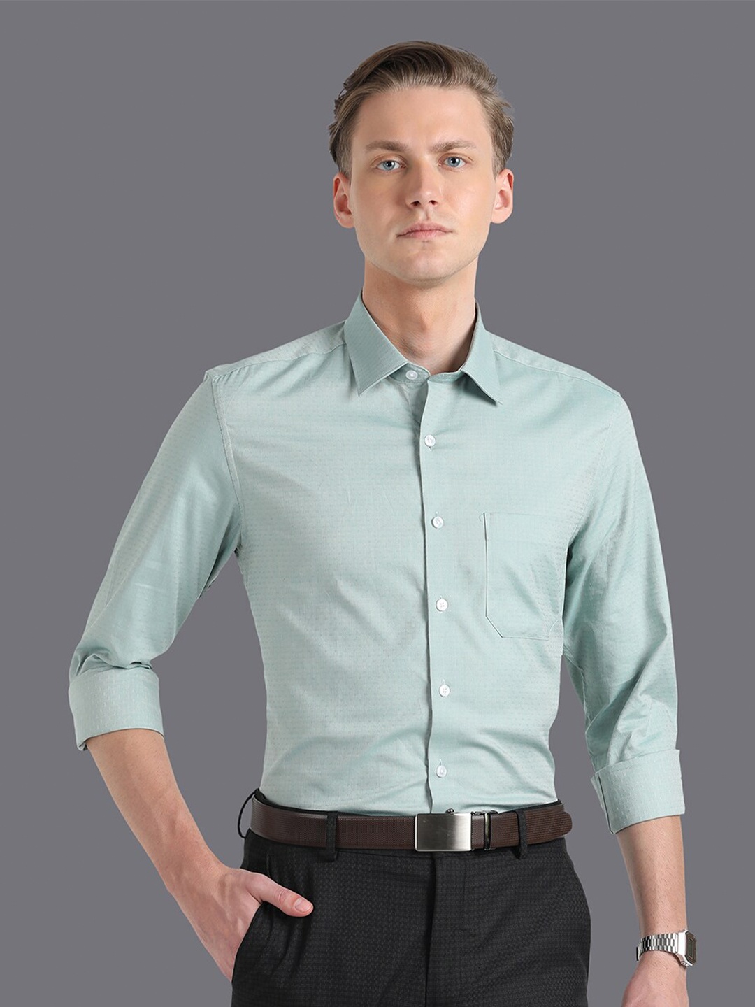 

Louis Philippe Micro Ditsy Printed Slim Fit Cotton Formal Shirt, Green