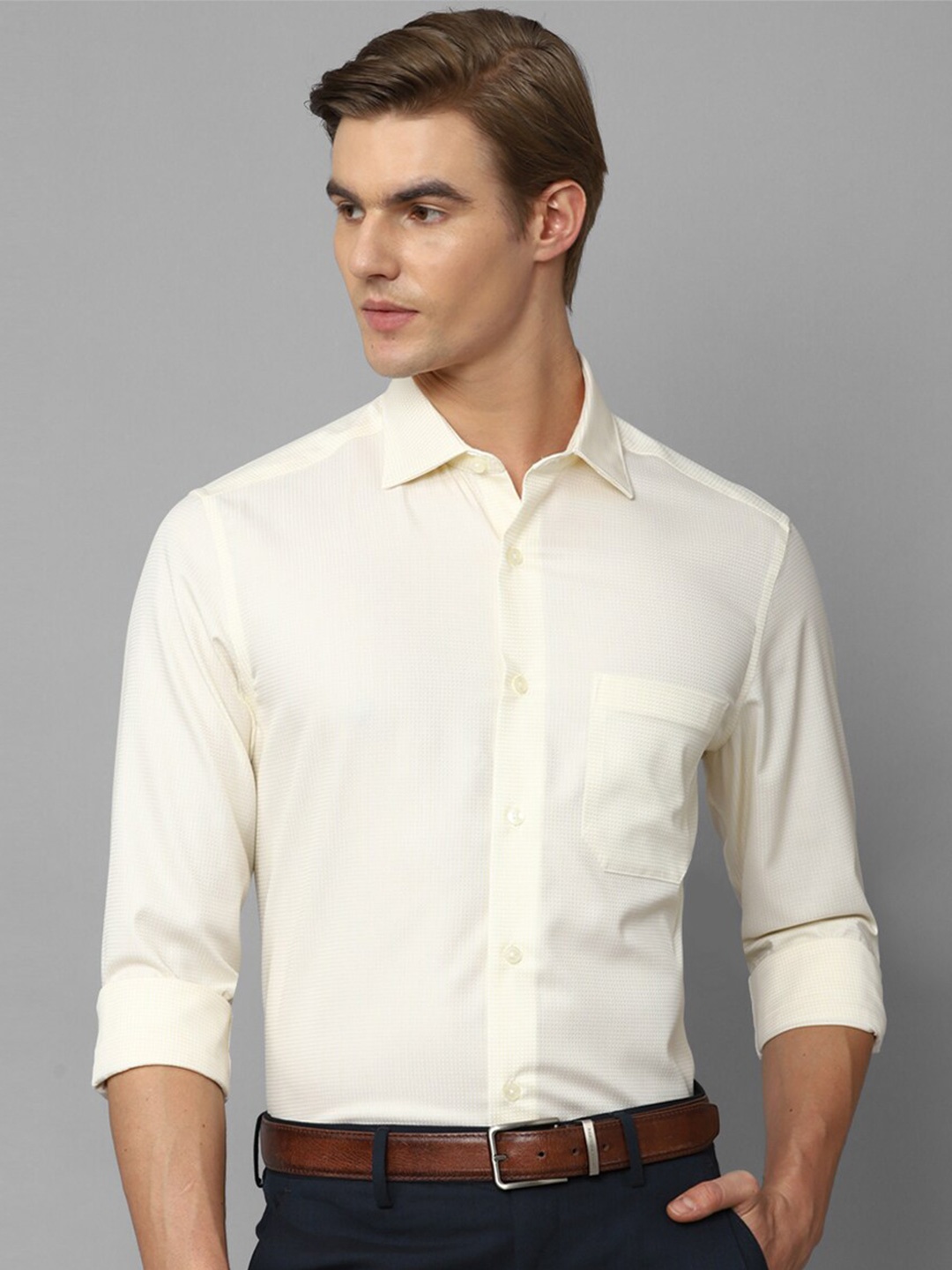 

Louis Philippe Permapress Slim Fit Self Design Opaque Pure Cotton Wrinkle Free Formal Shirt, Cream