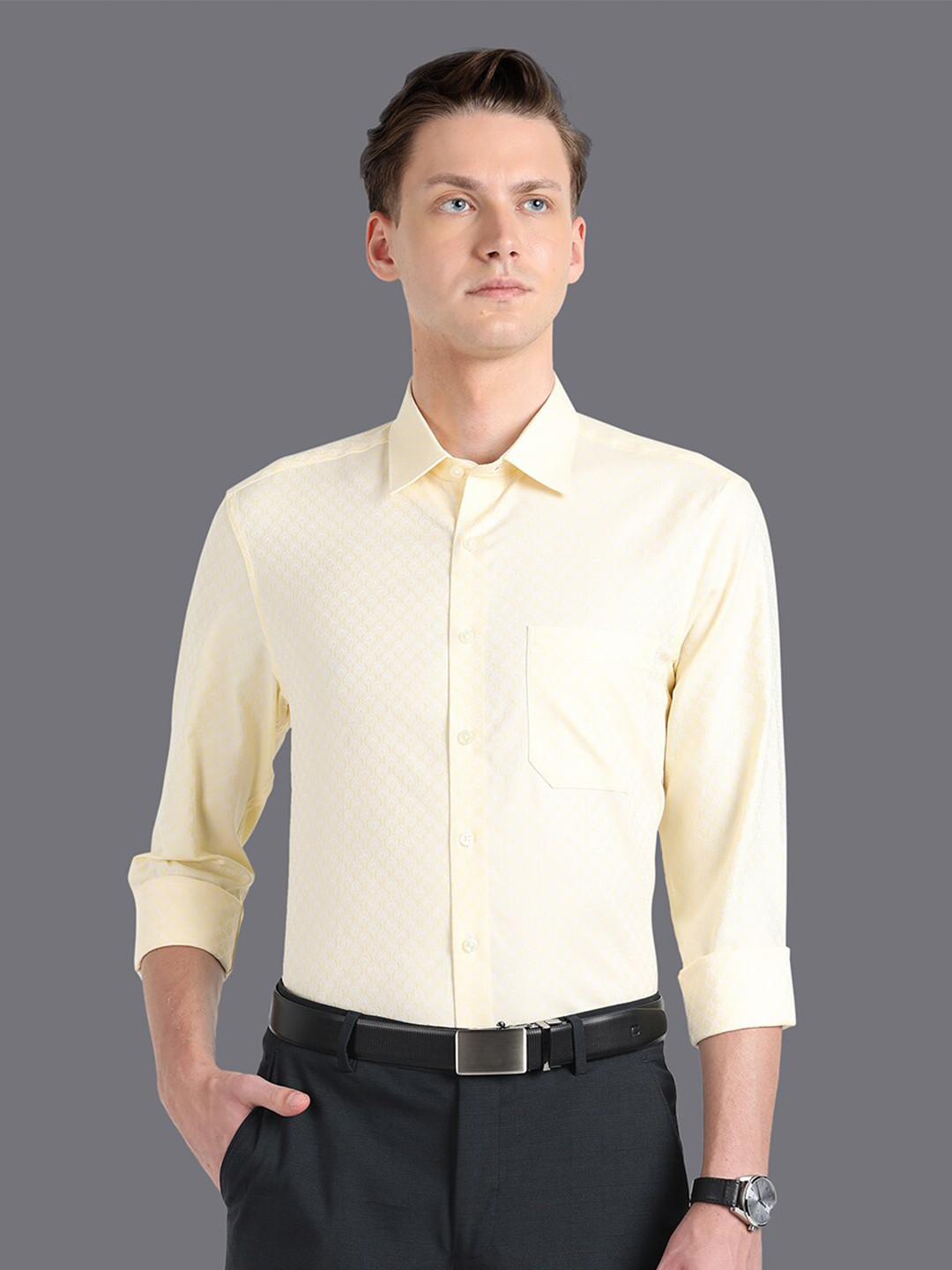 

Louis Philippe Slim Fit Self Design Pure Cotton Formal Shirt, Cream