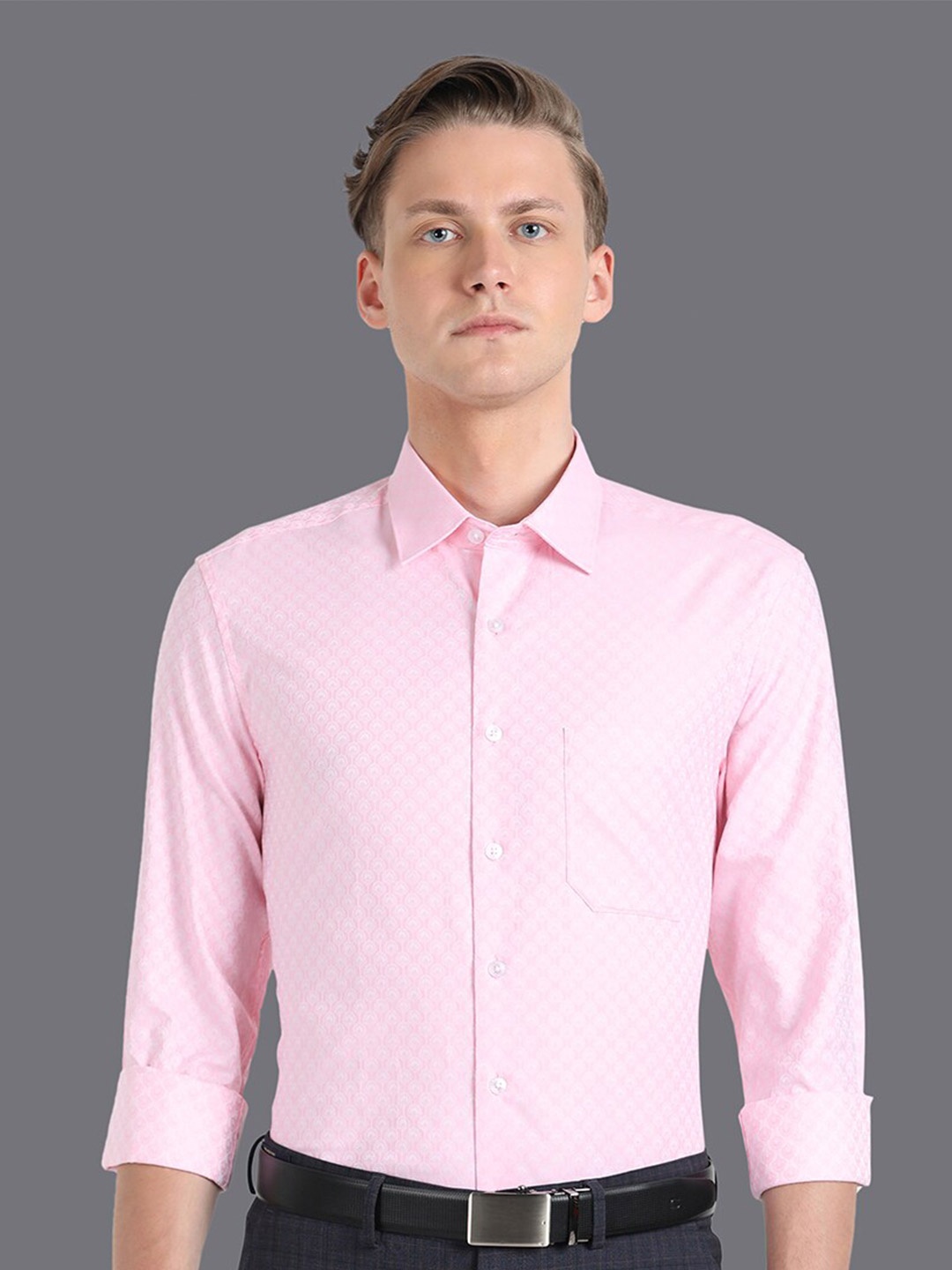 

Louis Philippe Micro Ditsy Printed Slim Fit Cotton Formal Shirt, Pink