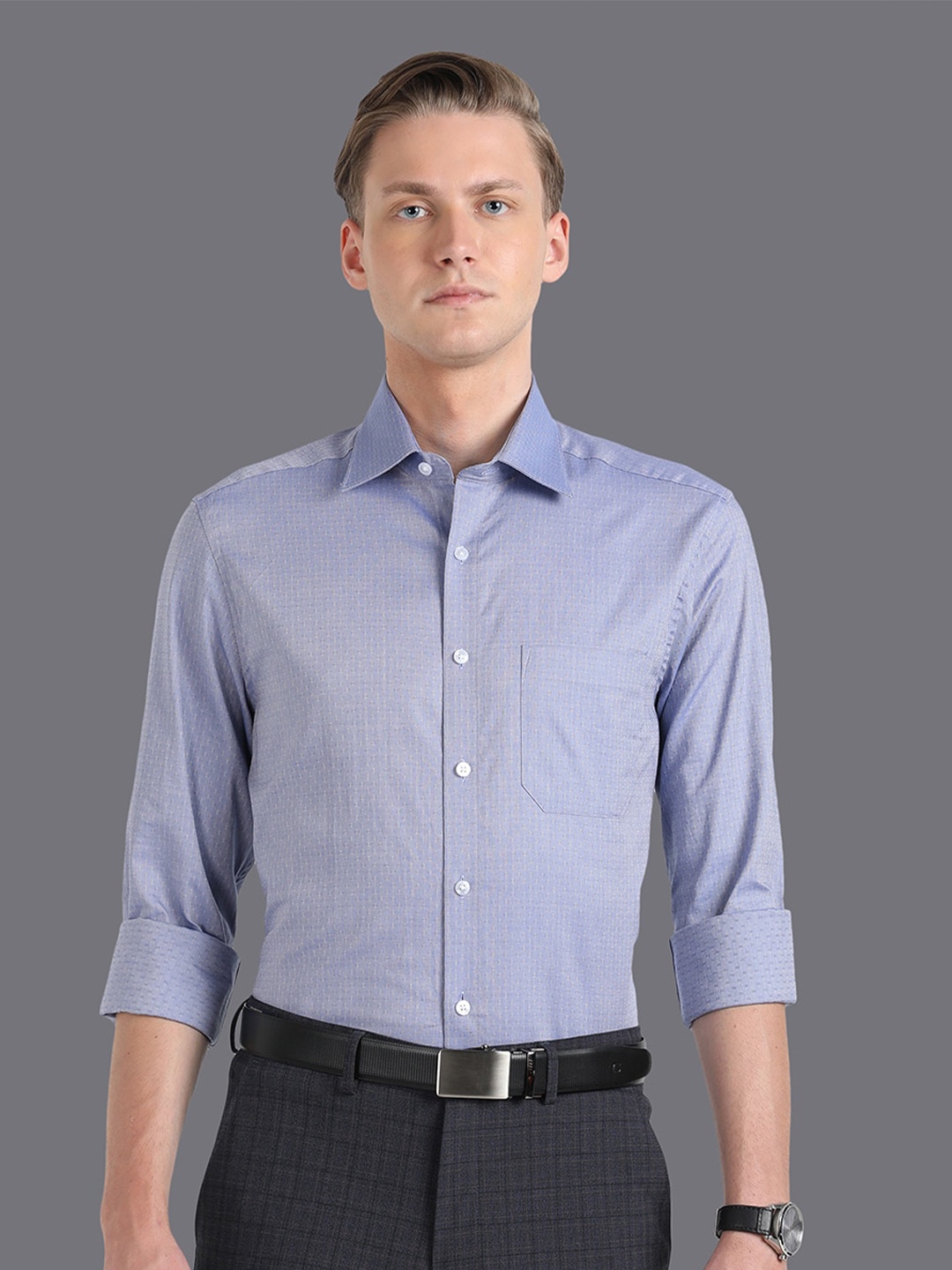 

Louis Philippe Slim Fit Micro Ditsy Printed Pure Cotton Formal Shirt, Blue