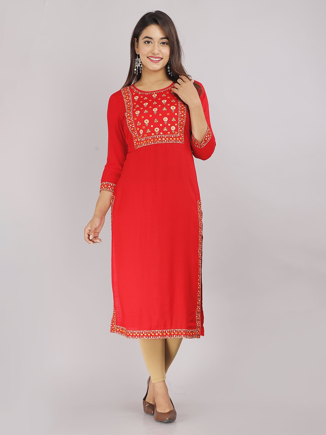 

KALINI Floral Embroidered Yoke Design Straight Kurta, Red