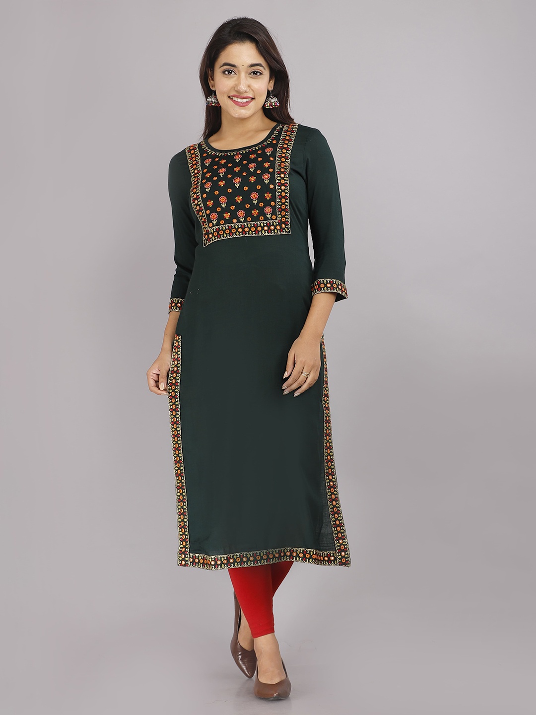 

KALINI Ethnic Motifs Embroidered Mirror Work Straight Kurta, Green