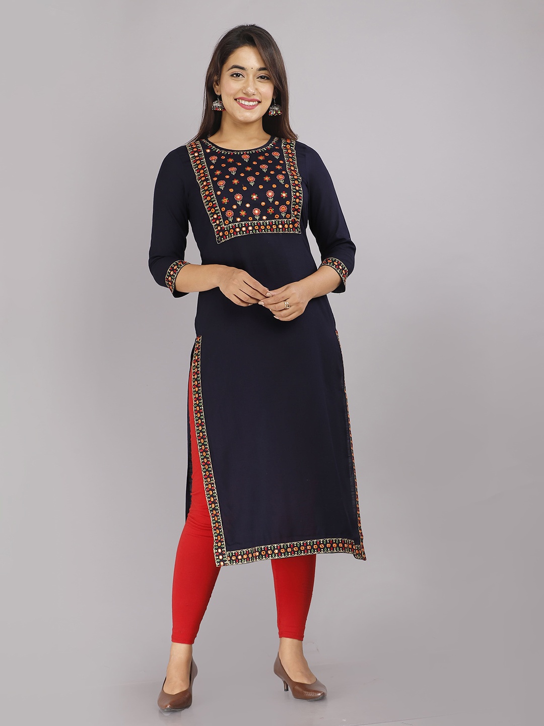 

KALINI Ethnic Motifs Embroidered Mirror Work Straight Kurta, Blue