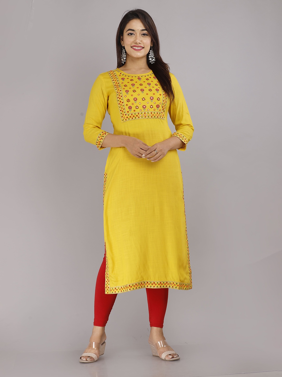 

KALINI Floral Embroidered Yoke Design Straight Kurta, Mustard