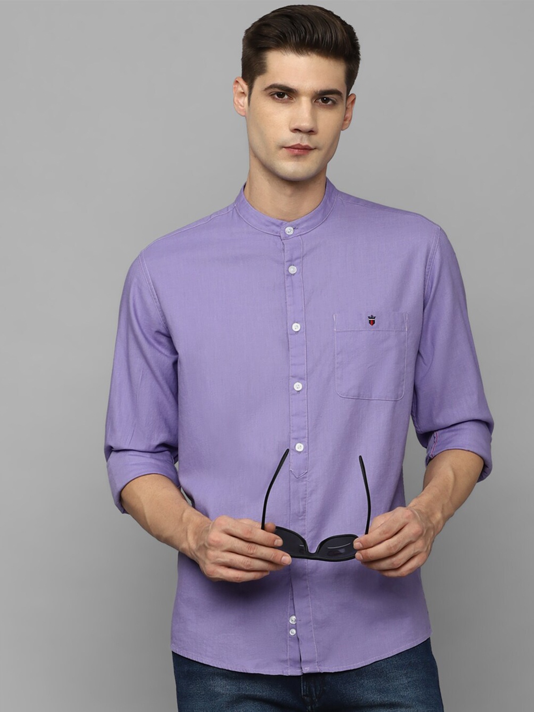 

Louis Philippe Jeans Slim Fit Band Collar Casual Pure Cotton Shirt, Purple