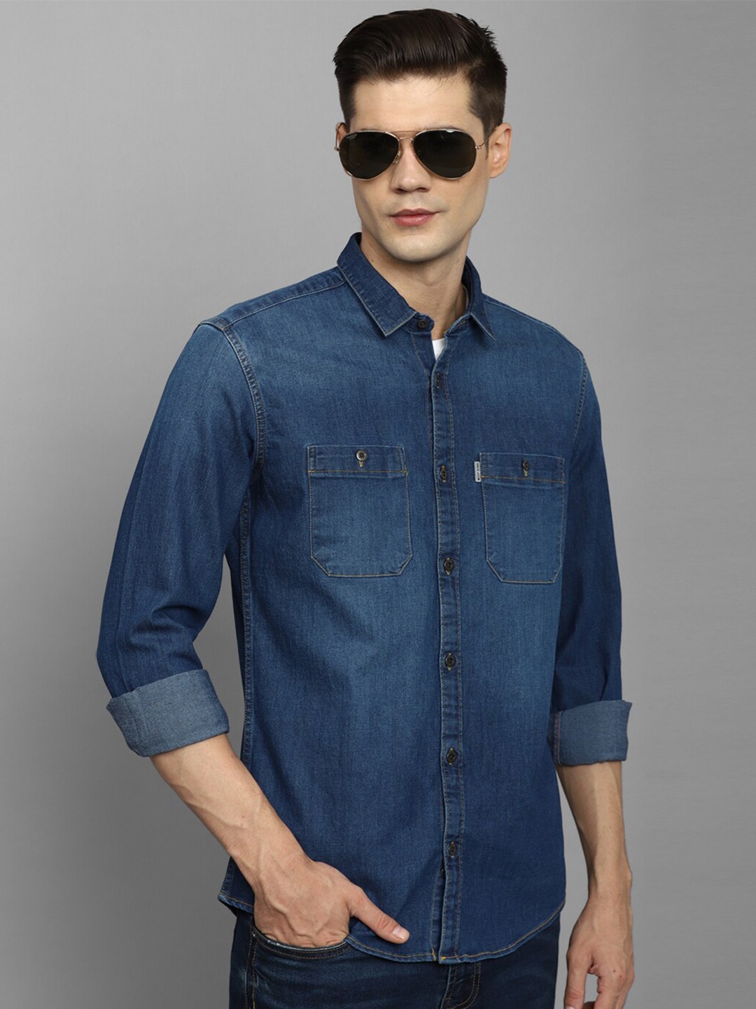 

Louis Philippe Jeans Men Faded Comfort Slim Fit Denim Casual Shirt, Blue