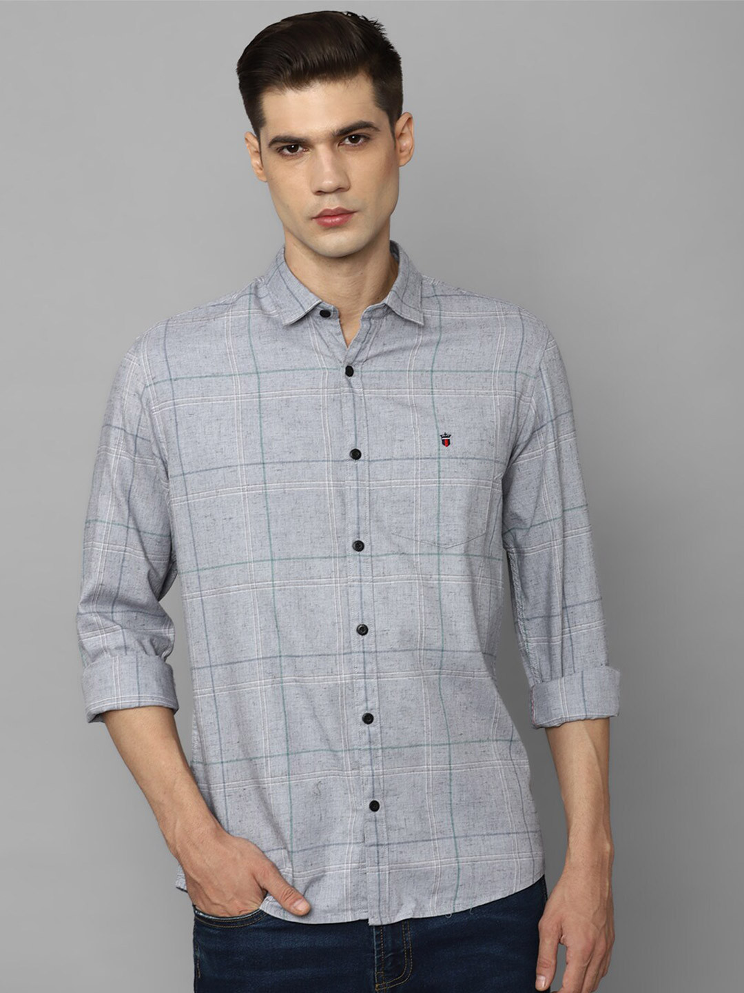 

Louis Philippe Jeans Slim Fit Windowpane Checked Casual Pure Cotton Shirt, Grey