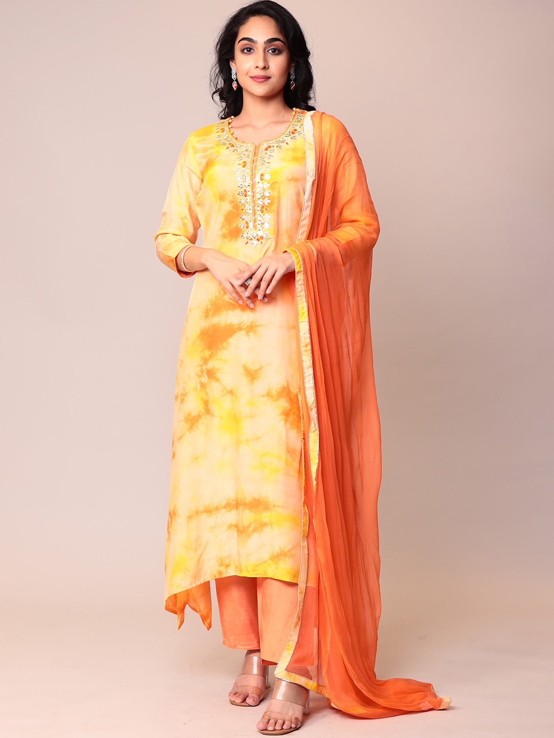 

ZARI Ombre Embroidered Regular Gotta Patti Pure Silk Kurta With Trousers & Dupatta, Orange