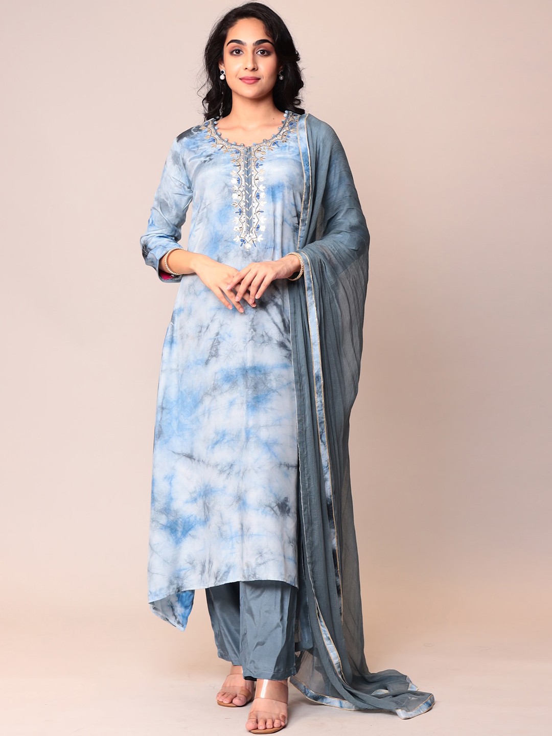 

ZARI Embroidered Regular Gotta Patti Pure Silk Kurta With Trousers & Dupatta, Grey