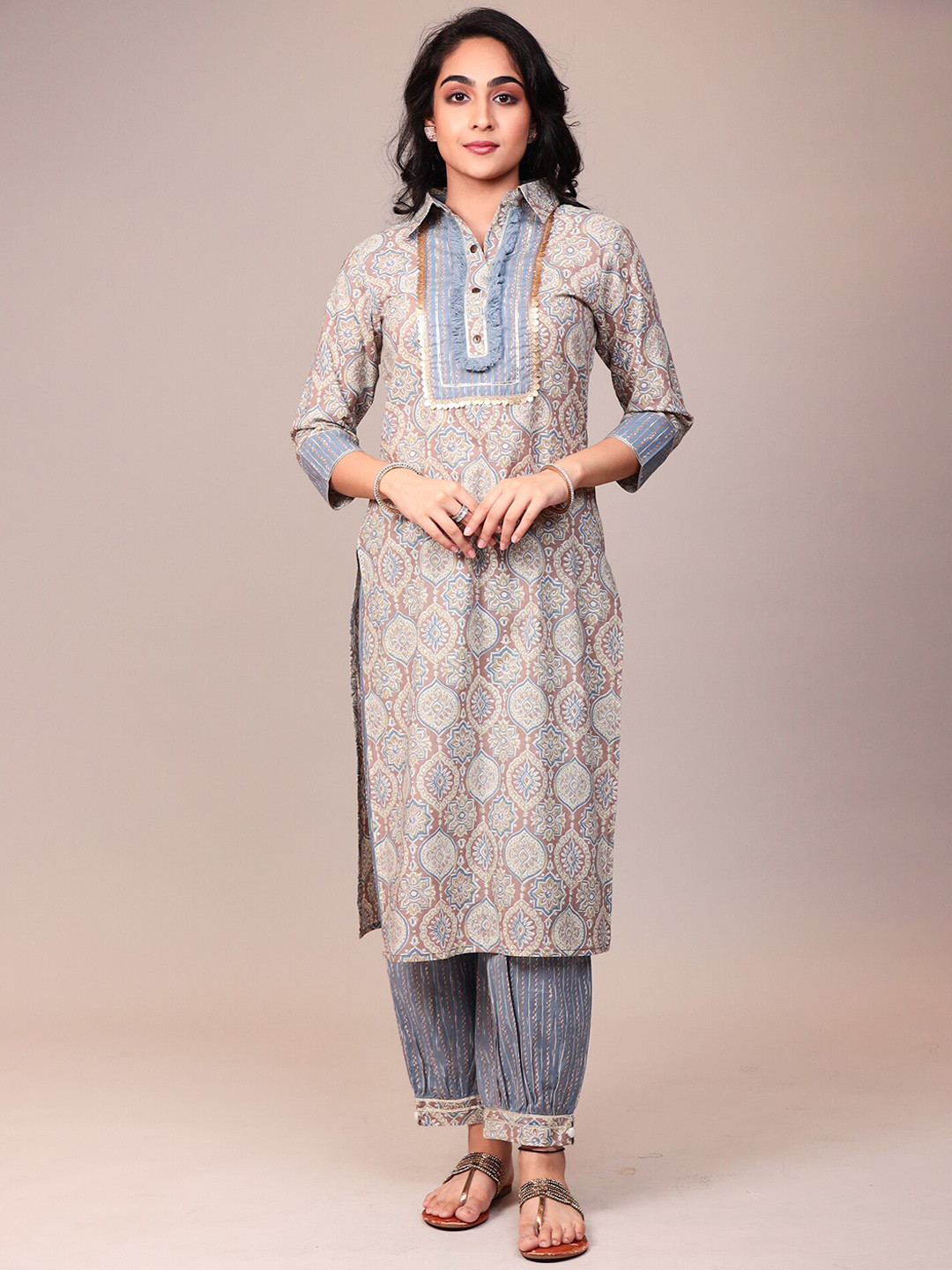 

ZARI Ethnic Motifs Printed Regular Sequinned Pure Cotton Kurta With Trousers, Grey