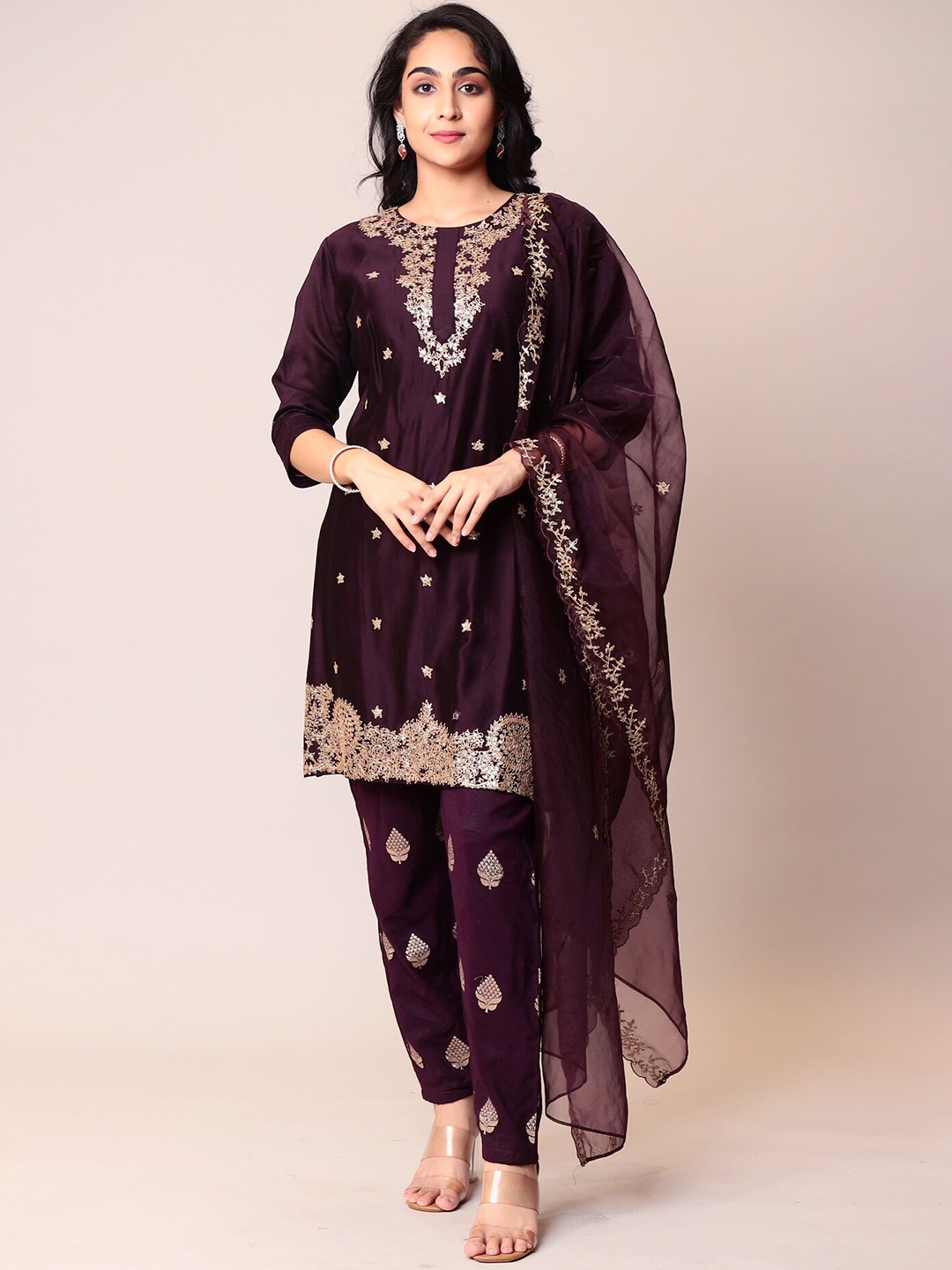 

ZARI Embroidered Regular Chanderi Silk Kurta With Trousers & Dupatta, Purple
