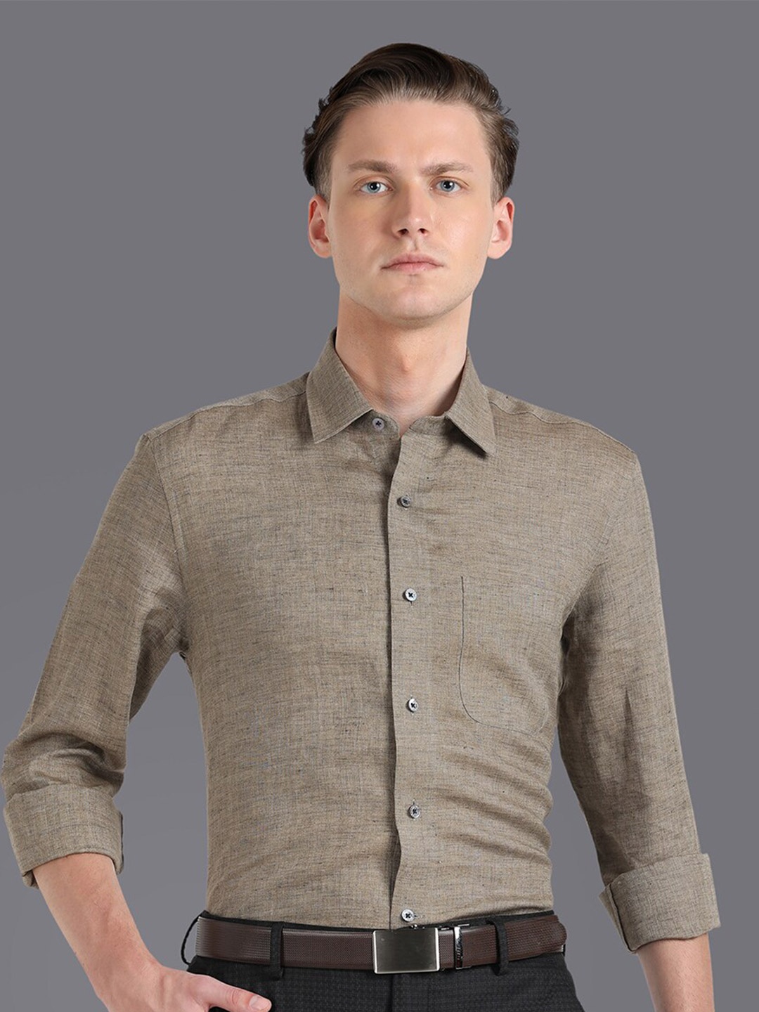 

Luxure by Louis Philippe Spread Collar Pure Linen Slim Fit Formal Shirt, Khaki