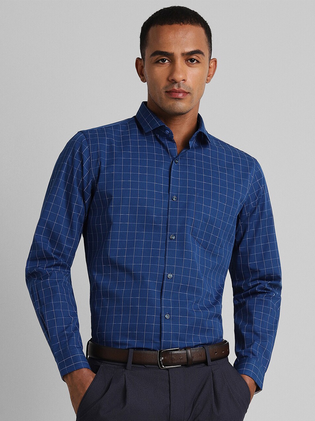 

Peter England Windowpane Checked Cotton Formal Shirt, Blue