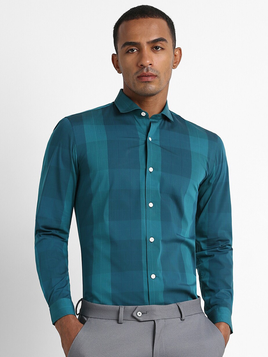 

Peter England Slim Fit Checked Cotton Formal Shirt, Teal