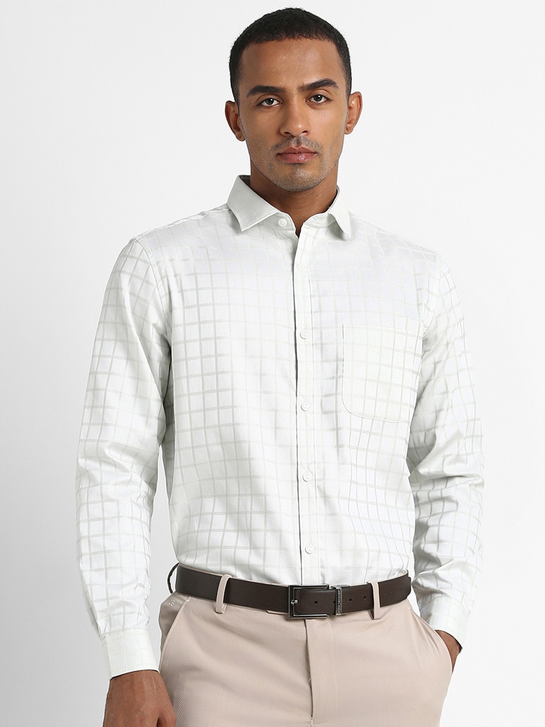 

Peter England Elite Grid Tattersall Checked Pure Cotton Formal Shirt, White