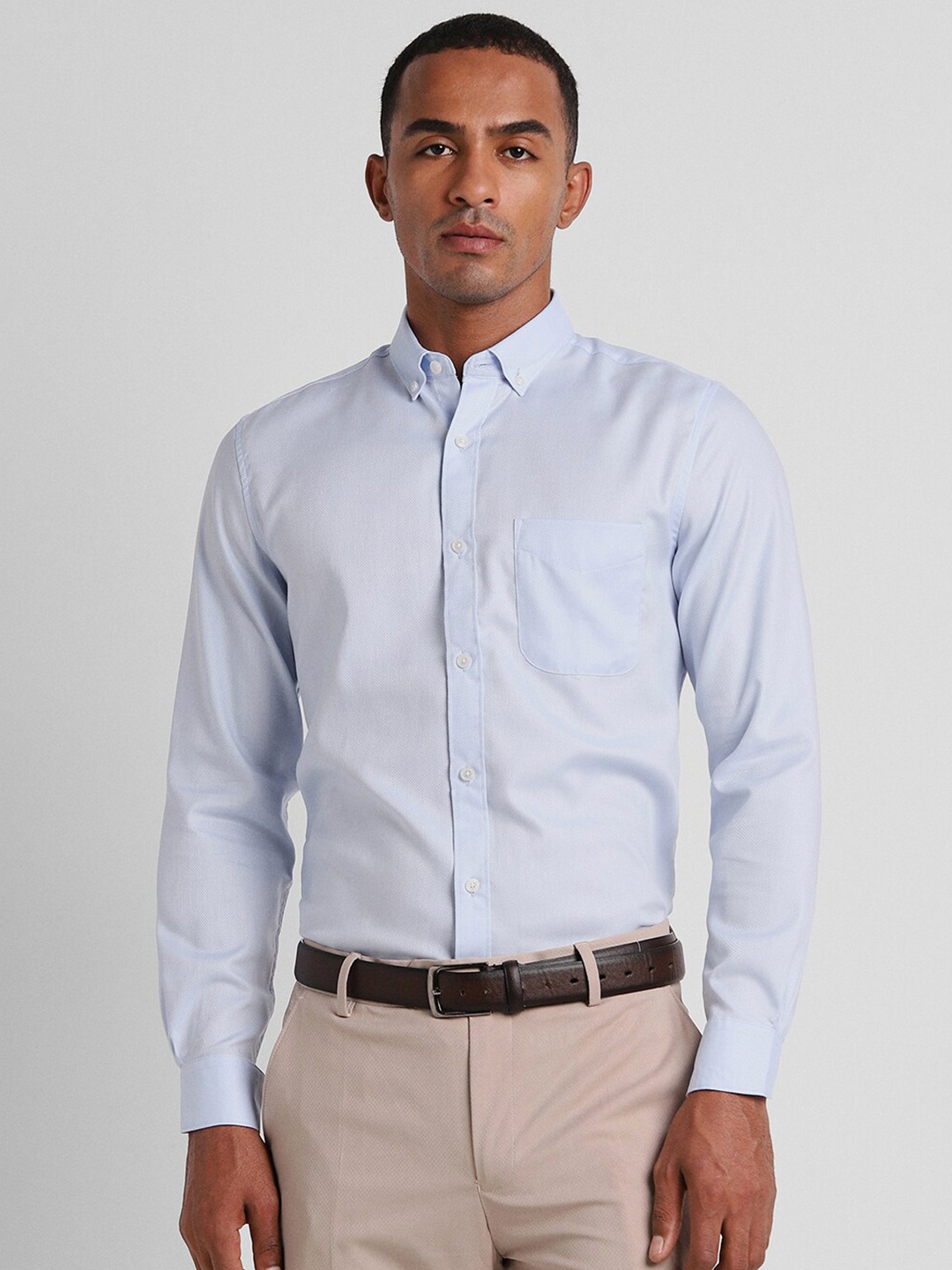 

Peter England Elite Slim Fit Button-Down Collar textured Pure Cotton Formal Shirt, Blue