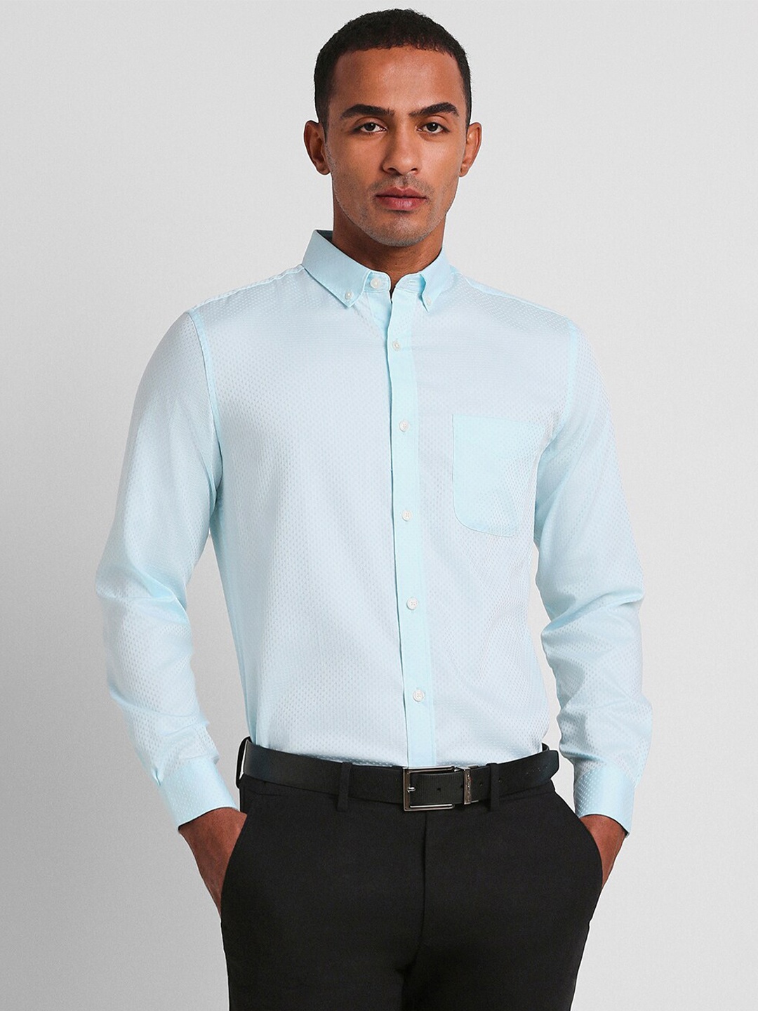 

Peter England Elite Self Design Slim Fit Opaque Pure Cotton Formal Shirt, Blue