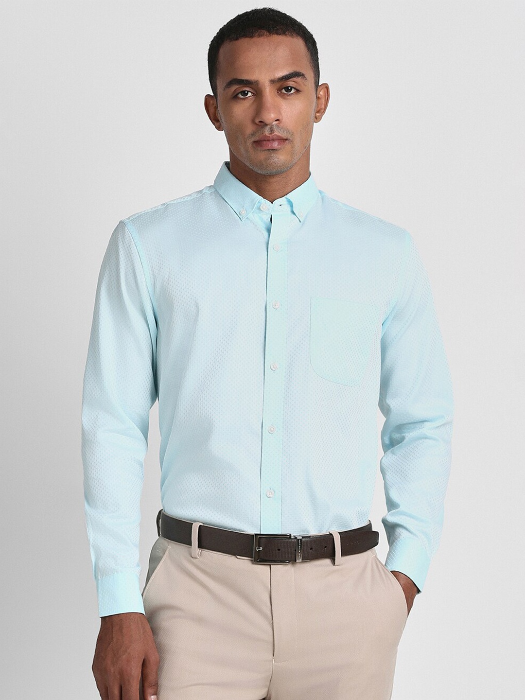 

Peter England Elite Self Design Opaque Pure Cotton Formal Shirt, Blue