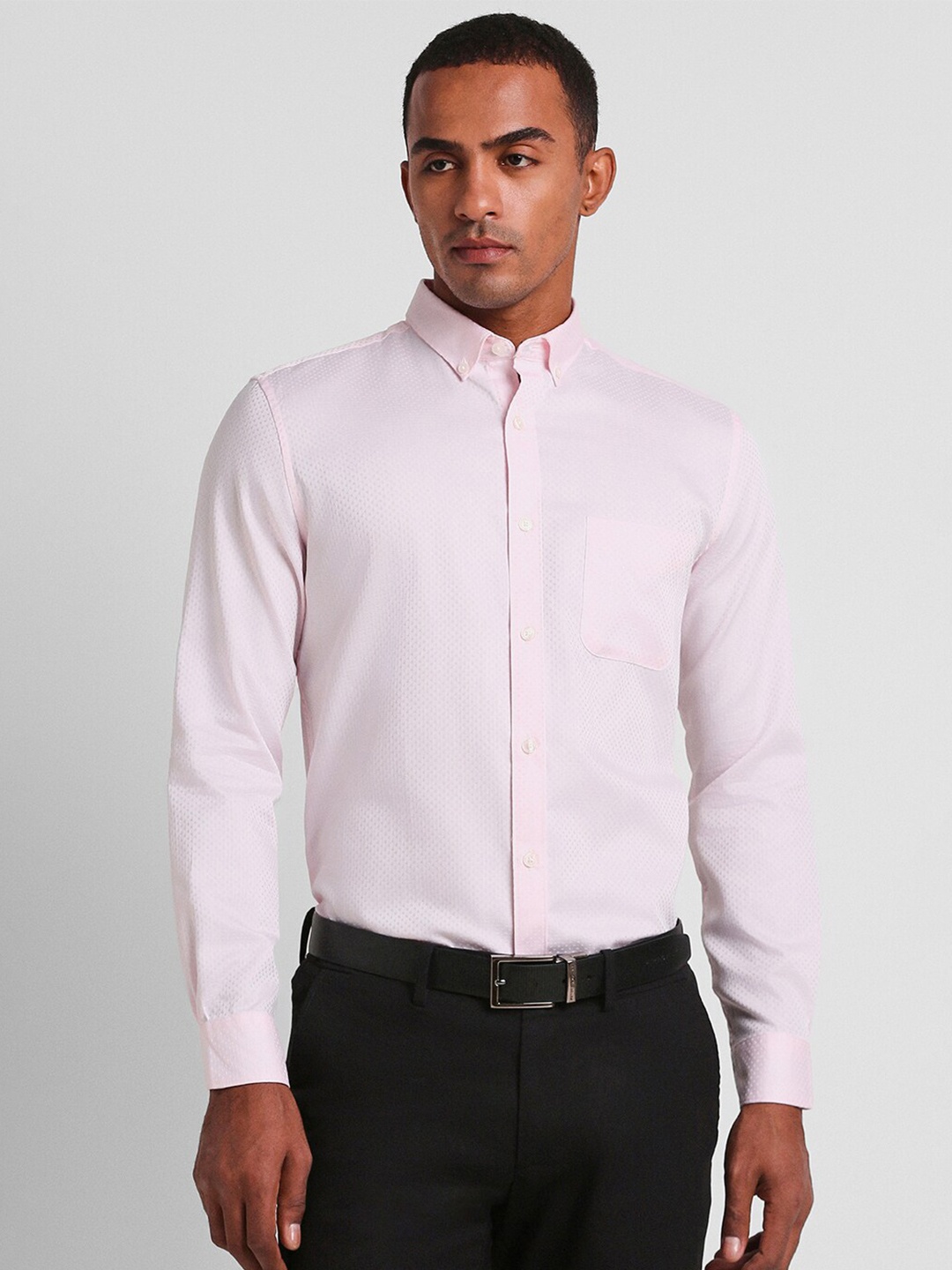 

Peter England Elite Slim Fit Textured Self Design Pure Cotton Formal Shirt, Pink