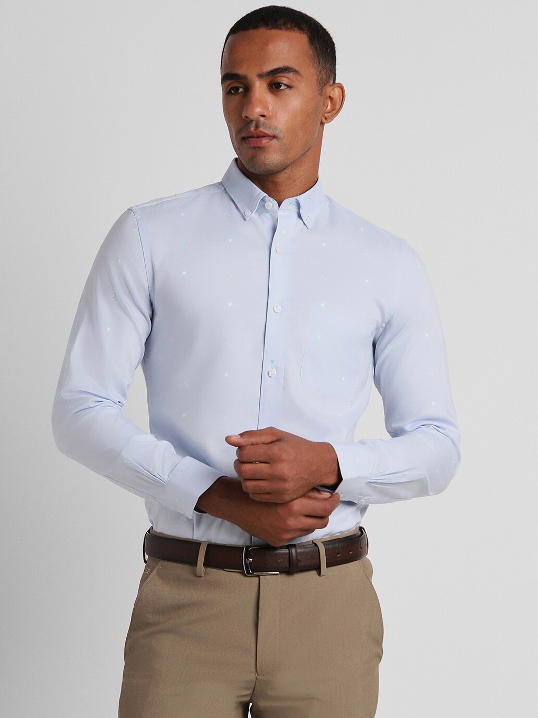 

Peter England Elite Slim Fit Self Design Pure Cotton Formal Shirt, Blue