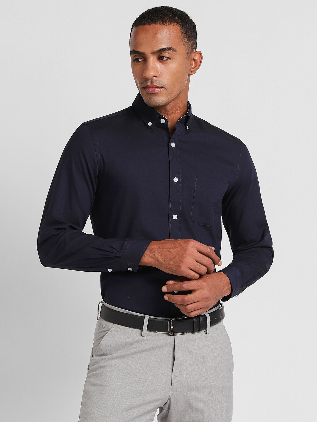 

Peter England Elite Button Down Collar Pure Cotton Slim Fit Formal Shirt, Navy blue
