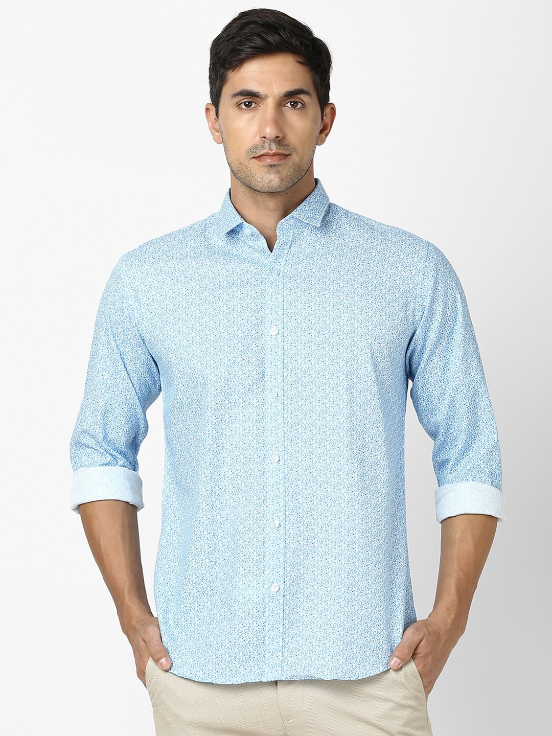

V Dot Slim Fit Micro Ditsy Printed Casual Pure Cotton Shirt, Blue