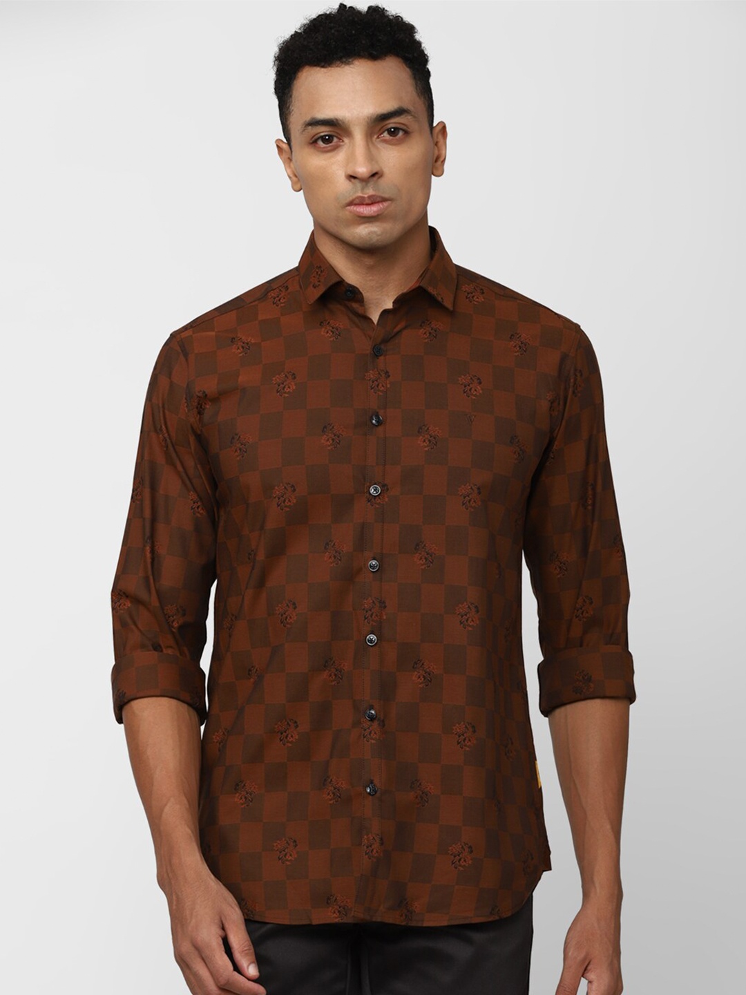 

V Dot Slim Fit Geometric Printed Casual Pure Cotton Shirt, Brown
