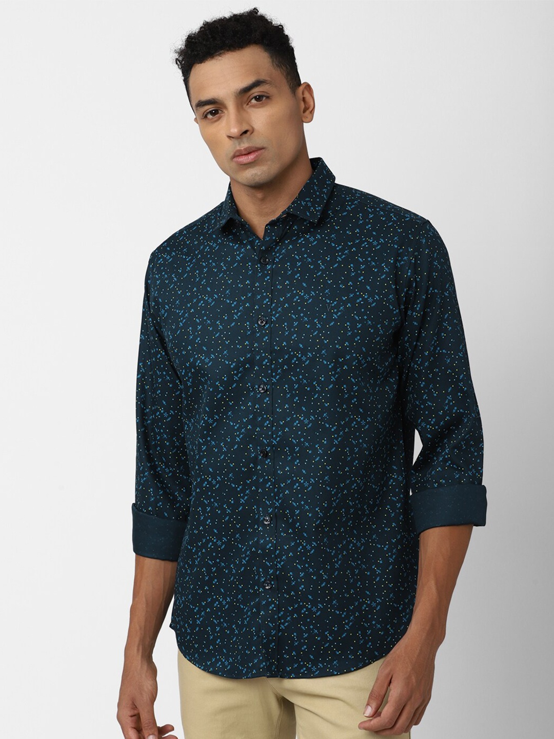 

V Dot Slim Fit Geometric Printed Casual Pure Cotton Shirt, Navy blue