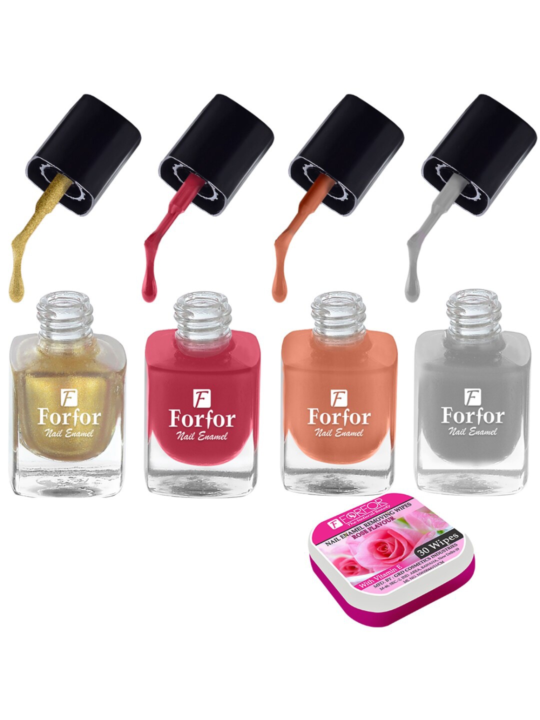 

FORFOR Set Of 4 Perfect Stay Trendy Nail Polish With Wipes 5ml Each- 102 + 103 + 104 + 110, Pink