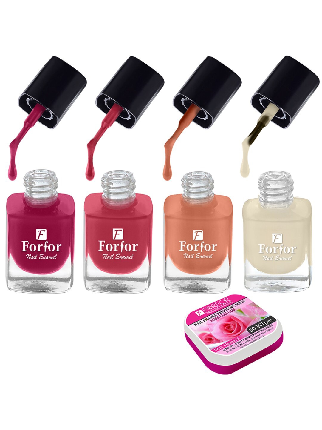 

FORFOR Set of 4 Perfect Stay Trendy Nail Polish with Nail Enamel Removing Wipes, Multi