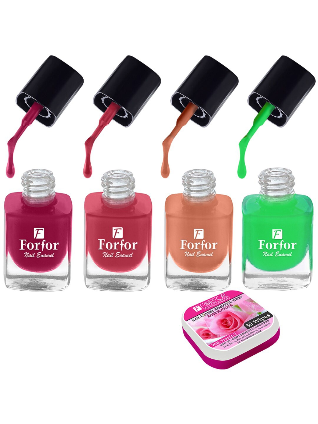 

FORFOR Set of 4 Perfect Stay Trendy Nail Polish with Nail Enamel Removing Wipes, Multi