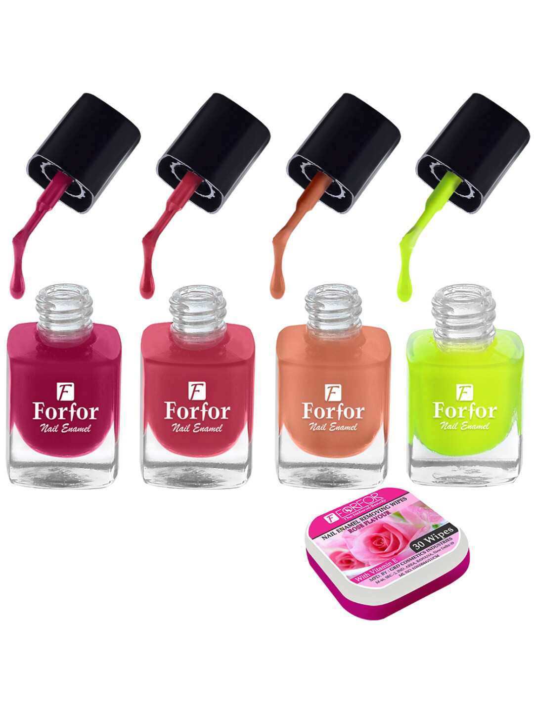 

FORFOR Set of 4 Perfect Stay Fast Dry Glossy Nail Enamel - 5ml each & 30 Removal Wipes, Multi