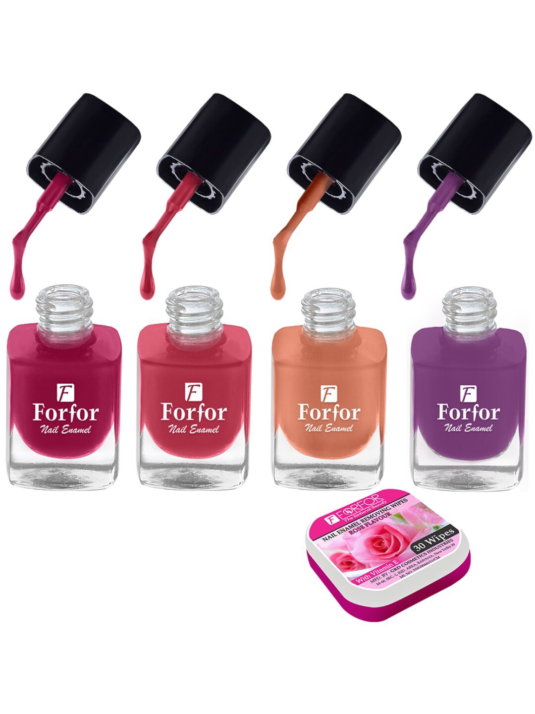 

FORFOR Set of 4 Perfect Stay Fast Dry Glossy Nail Enamel - 5ml each & 30 Removal Wipes, Multi