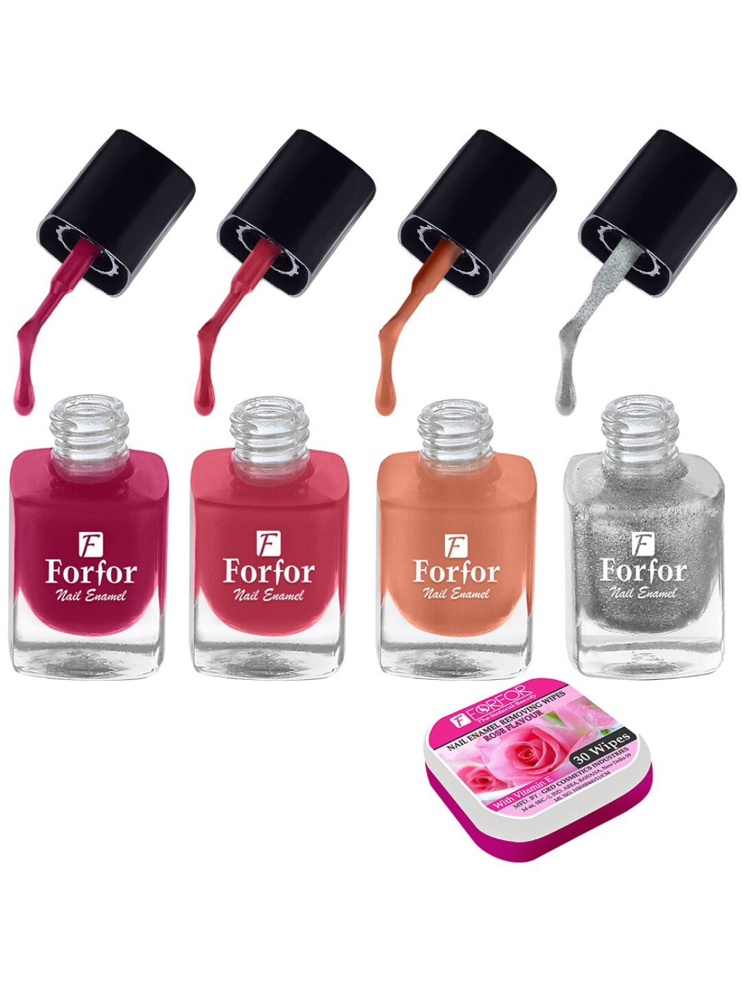 

FORFOR Set of 4 Perfect Stay Fast Dry Glossy Nail Enamel - 5ml each & 30 Removal Wipes, Multi