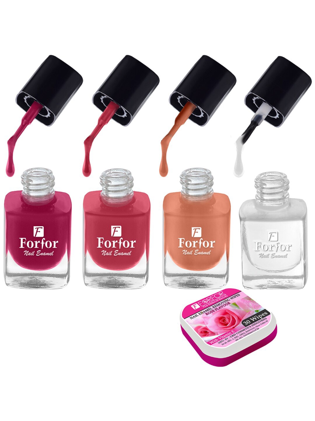 

FORFOR Set of 4 Perfect Stay Fast Dry Glossy Nail Enamel - 5ml each & 30 Removal Wipes, Multi