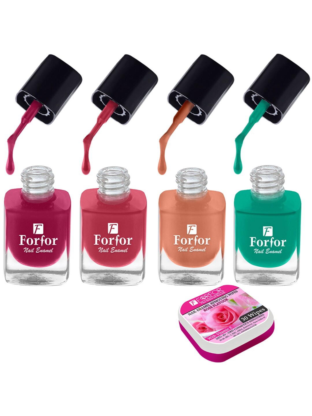 

FORFOR Set of 4 Perfect Stay Fast Dry Glossy Nail Enamel - 5ml each & 30 Removal Wipes, Multi