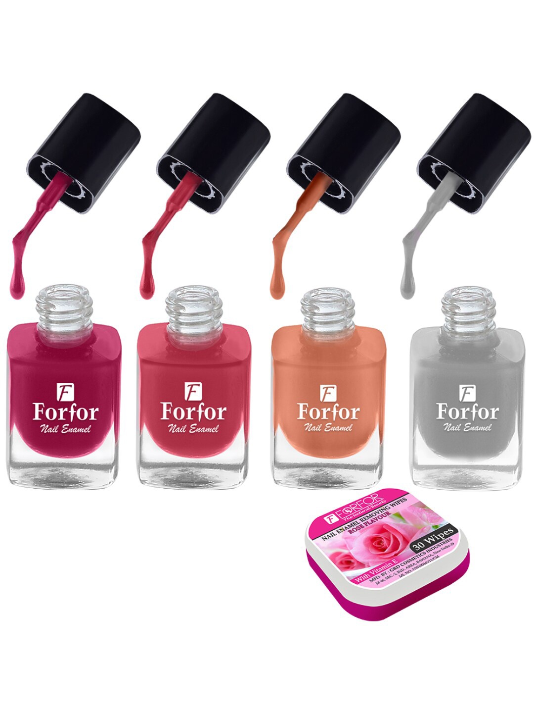 

FORFOR Set of 4 Perfect Stay Fast Dry Glossy Nail Enamel - 5ml each & 30 Removal Wipes, Multi