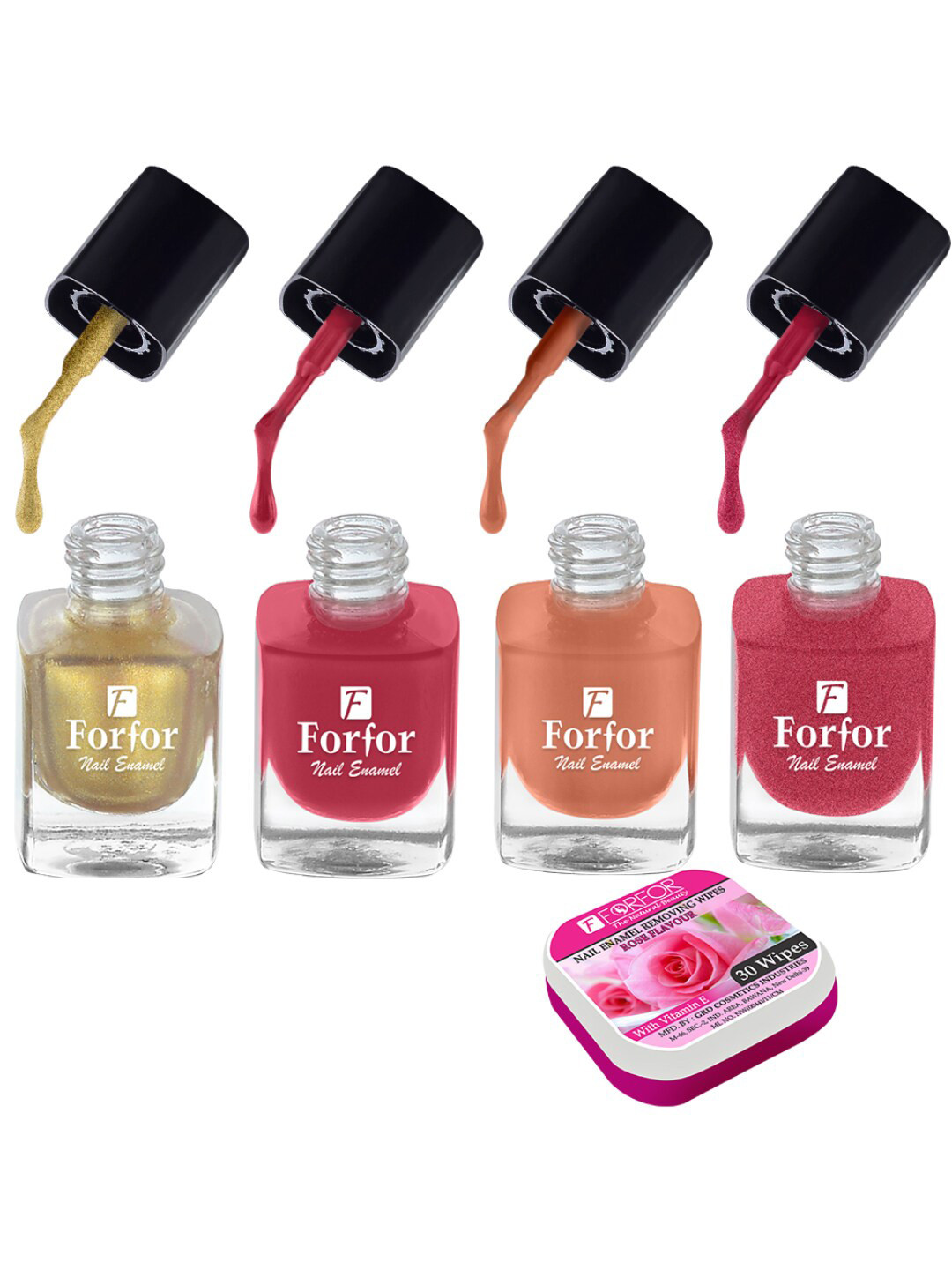 

FORFOR Set of 4 Perfect Stay Fast Dry Glossy Nail Enamel - 5ml each & 30 Removal Wipes, Multi