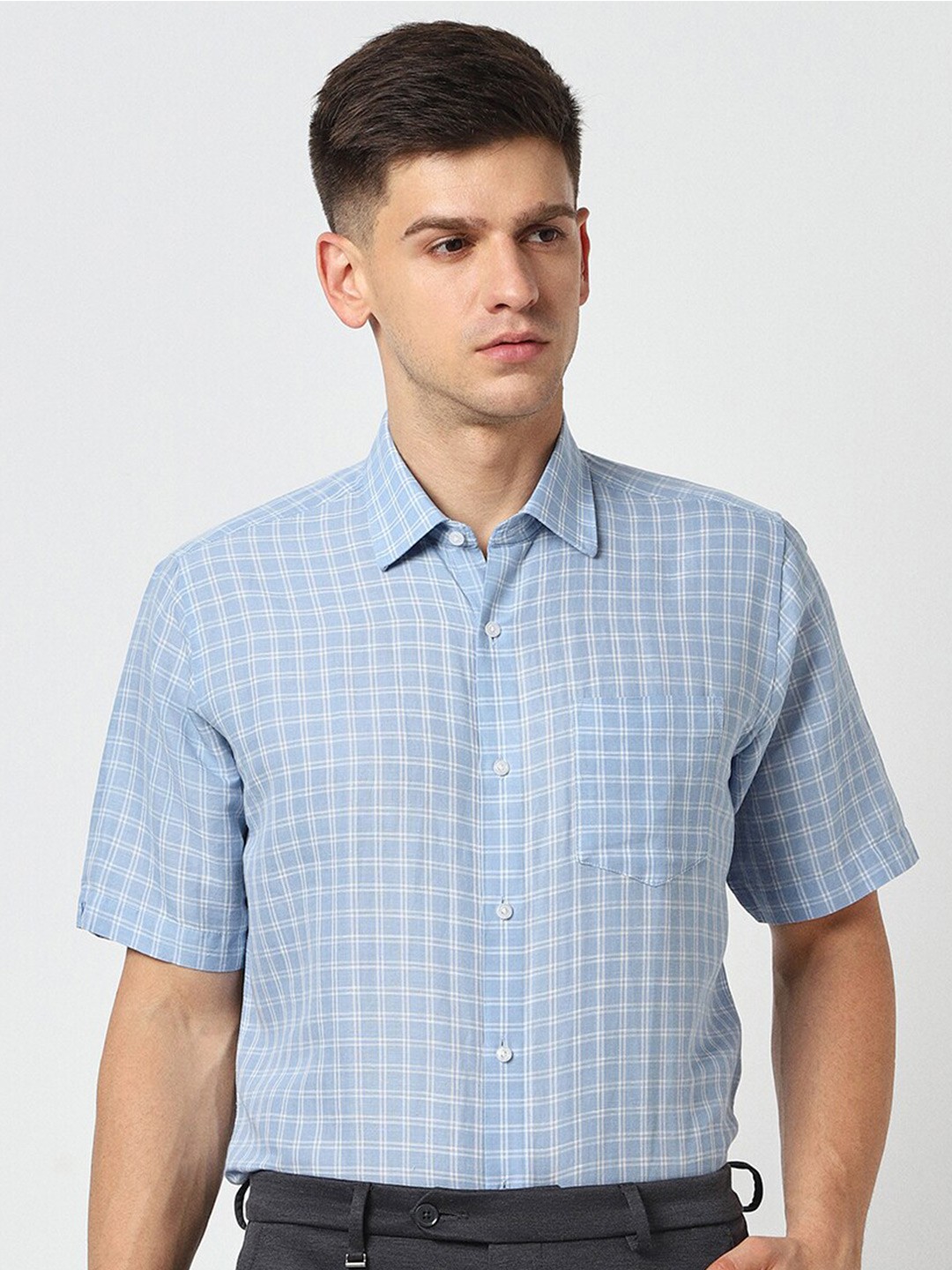 

Van Heusen Checked Cotton Linen Formal Shirt, Blue
