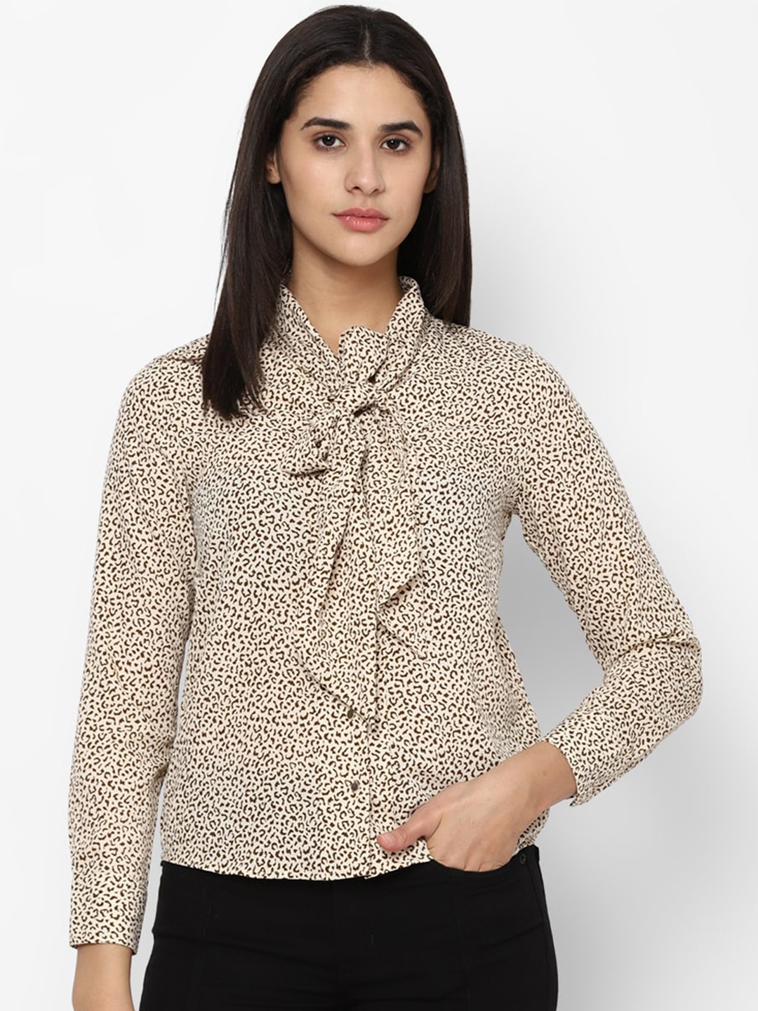 

Van Heusen Woman Geometric Printed Tie-Ups Neck Shirt Style Top, Beige