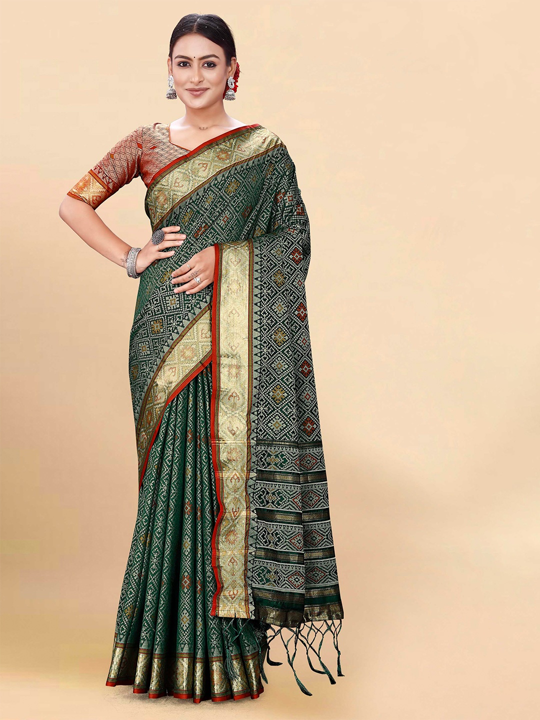 

Mitera Green & Red Ethnic Motif Woven Design Zari Patola Saree
