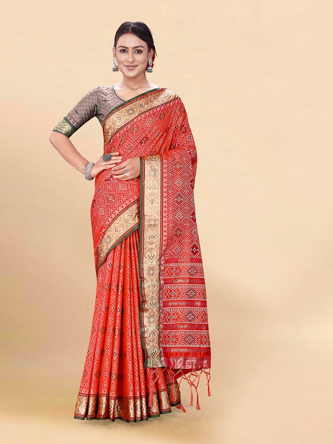 

Mitera Red & Gold-Toned thnic Motifs Woven Design Zari Patola Saree