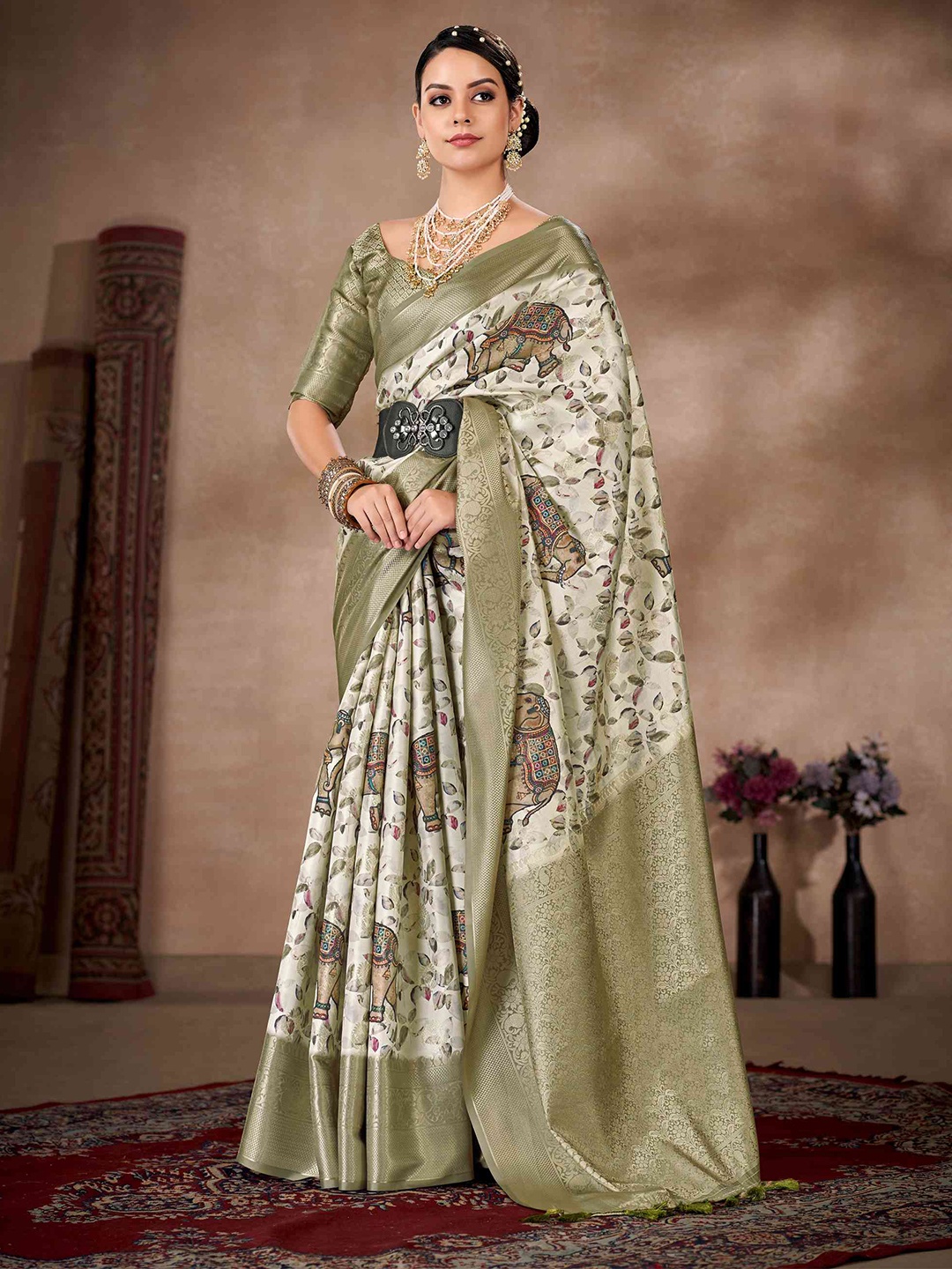 

Silk Land Ethnic Motifs Banarsi Art Silk Digital Print Saree, Green