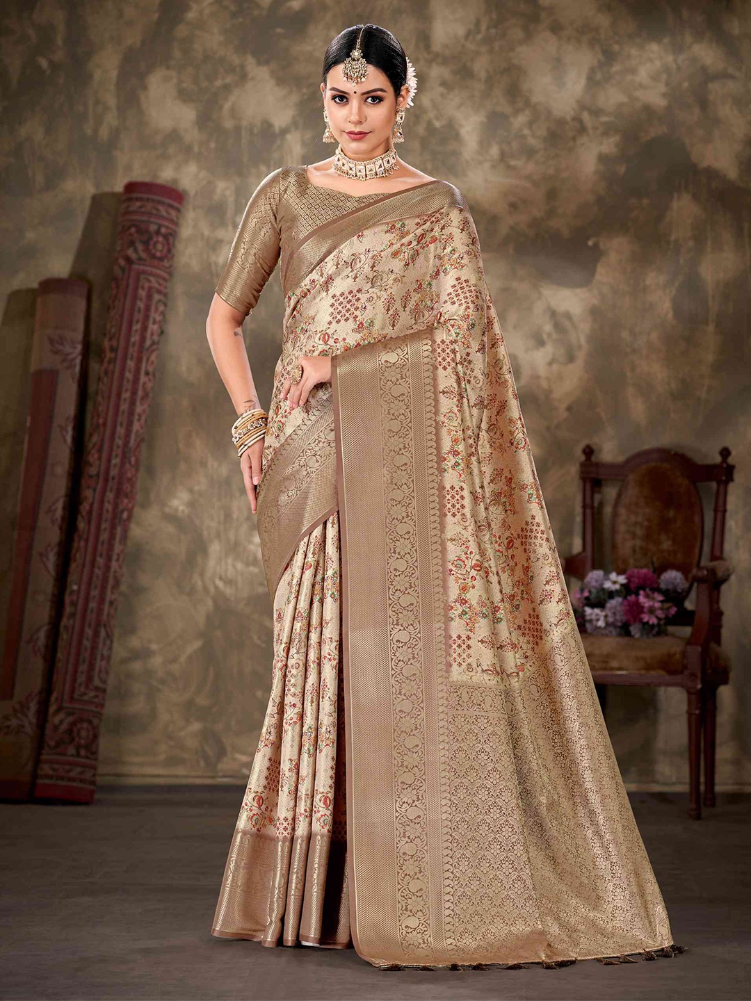 

Silk Land Floral Printed Zari Art Silk Banarasi Saree, Beige