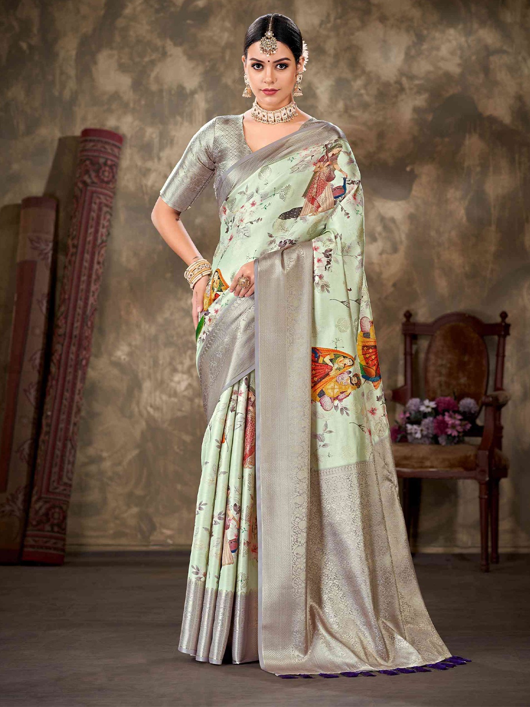 

Silk Land Ethnic Motifs Printed Zari Art Silk Banarasi Saree, Sea green